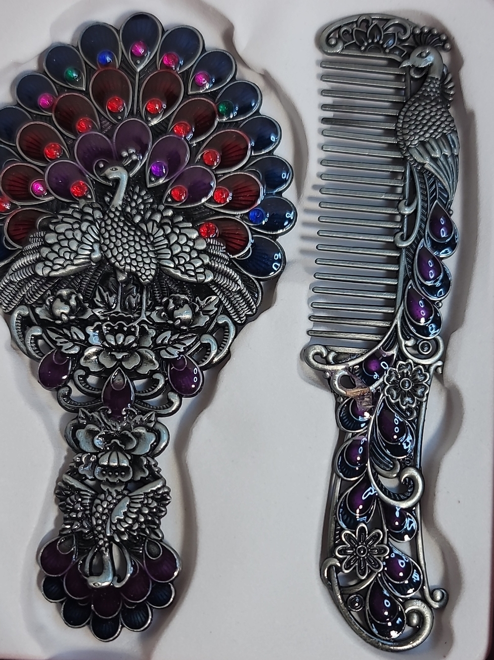 Peacock Decorative Hand Mirror & Comb Set - Multicolor - Picture 2 of 4